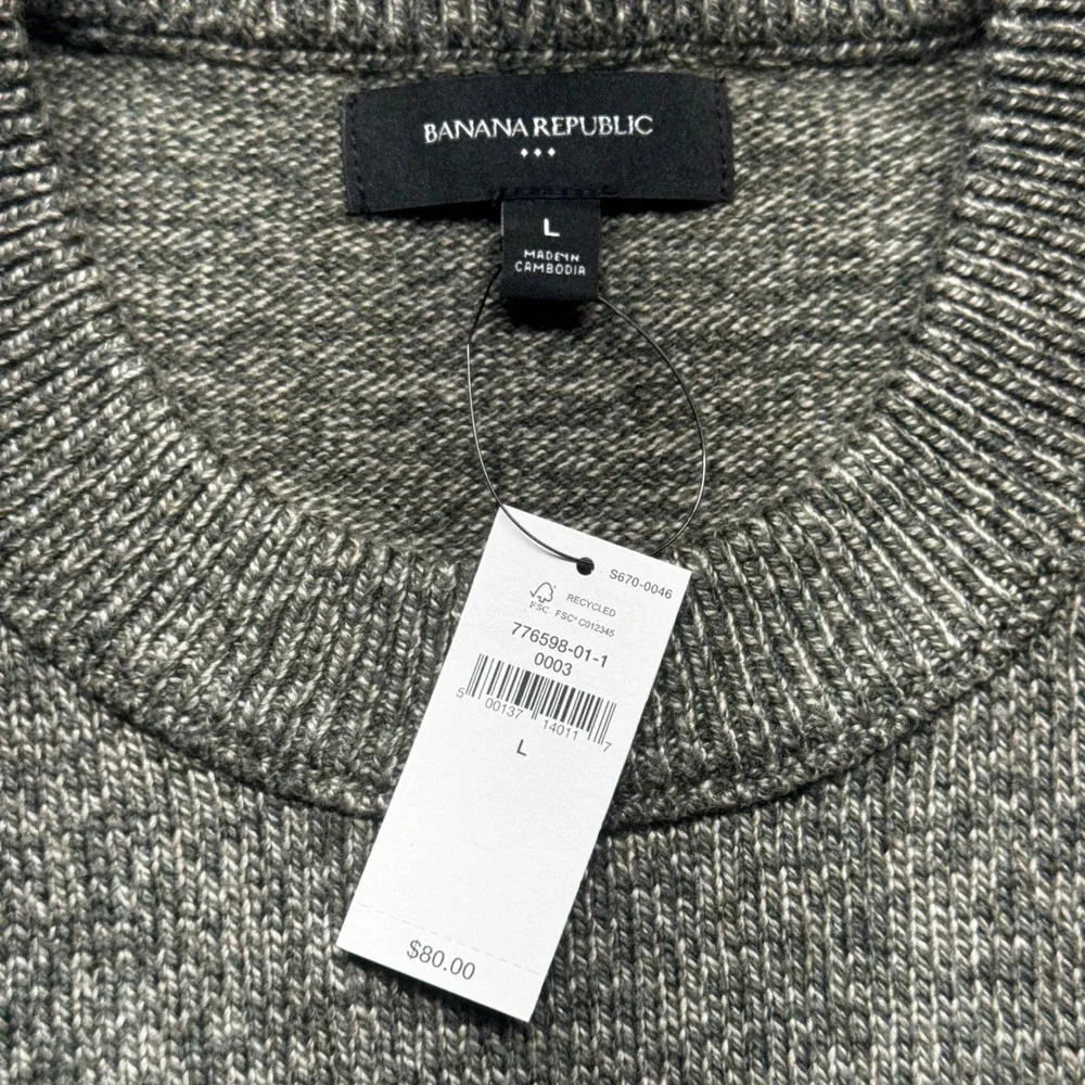 Banana Republic Mens Crew Neck Sweater Size L Green Marl Cotton Wool Blend NWT